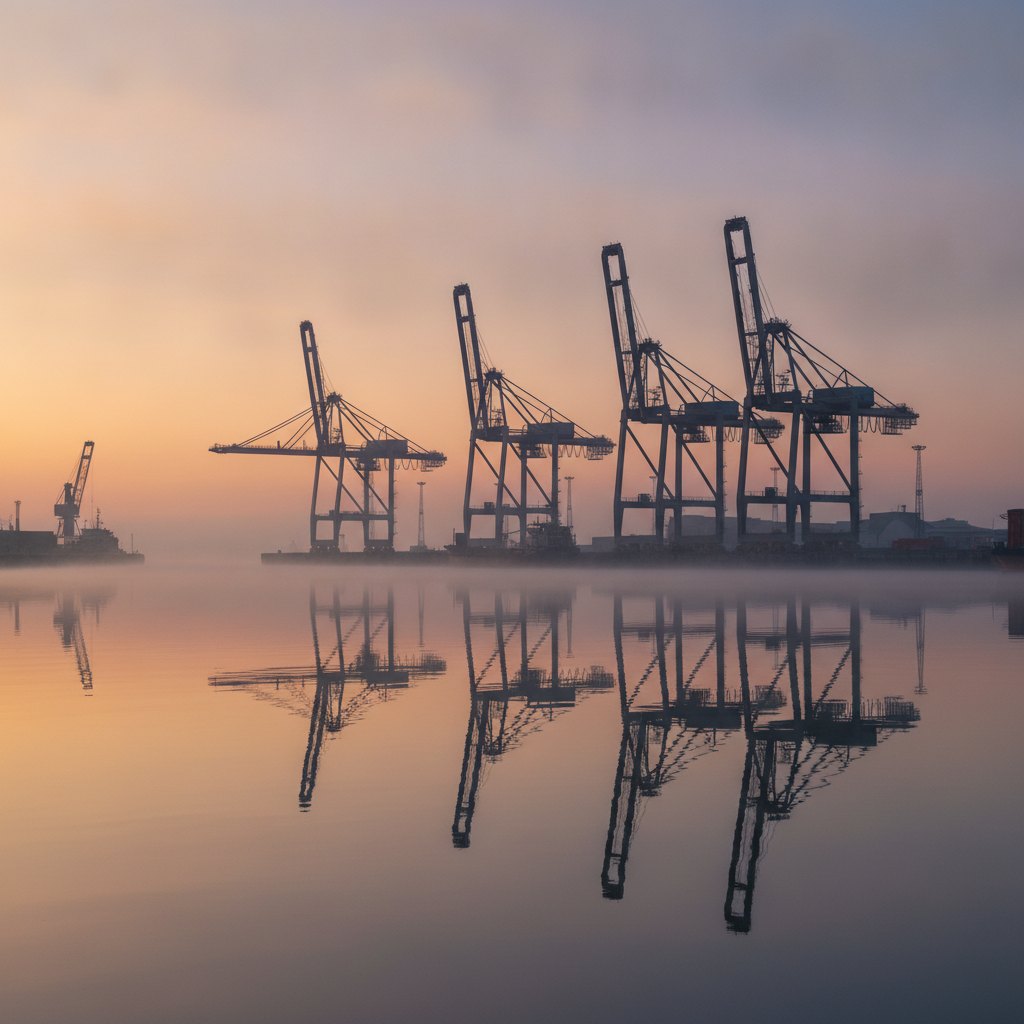 Vue poétique du port industriel de Dunkerque à l'aube.
