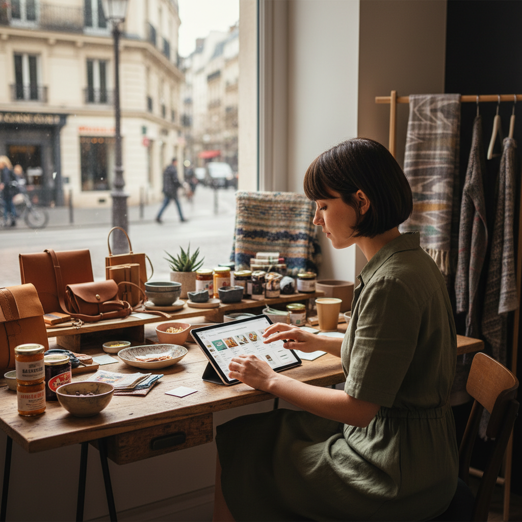 Une entrepreneure française gérant un e-commerce sur tablette à Paris.