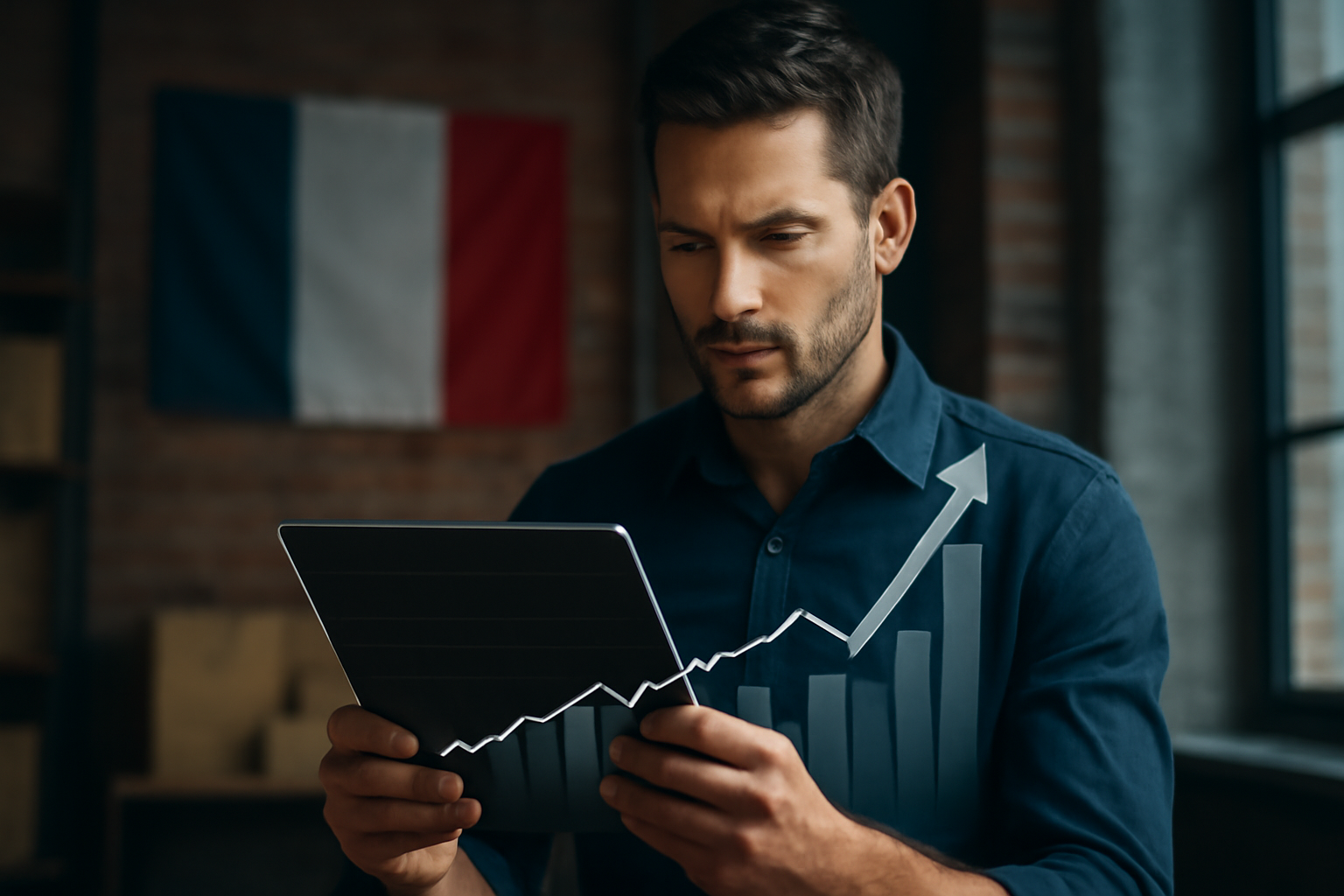 Entrepreneur français analysant des données e-commerce sur une tablette.