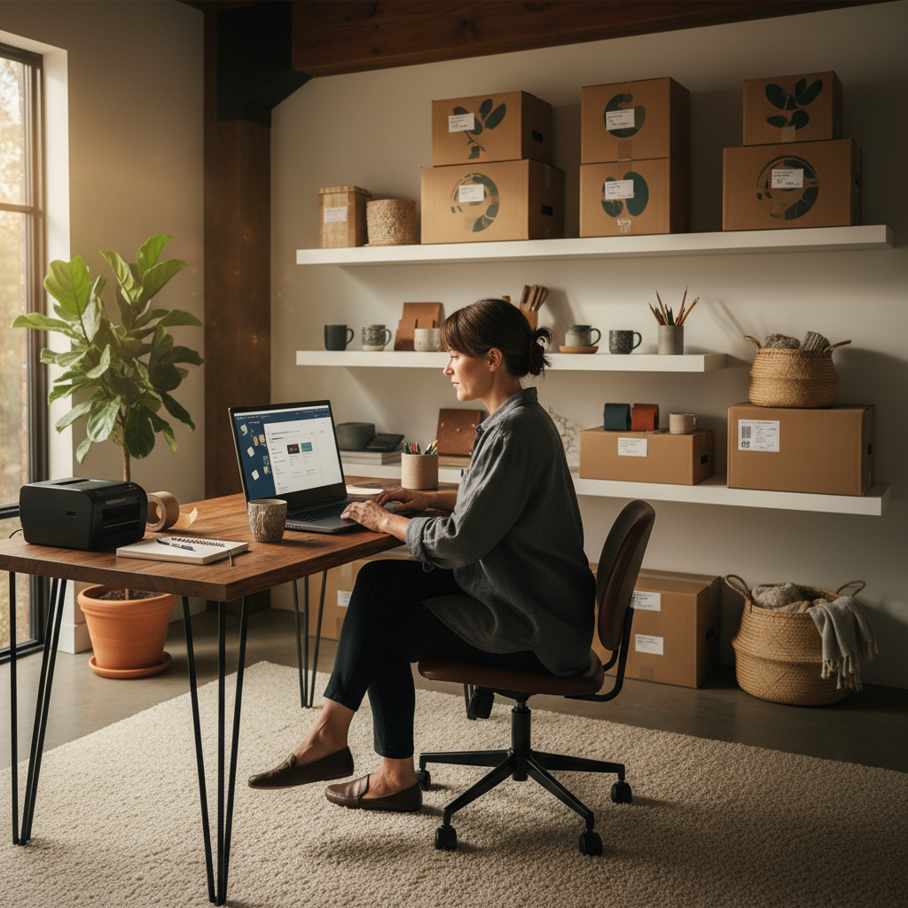 Une entrepreneure gérant sa boutique e-commerce sur un ordinateur portable.