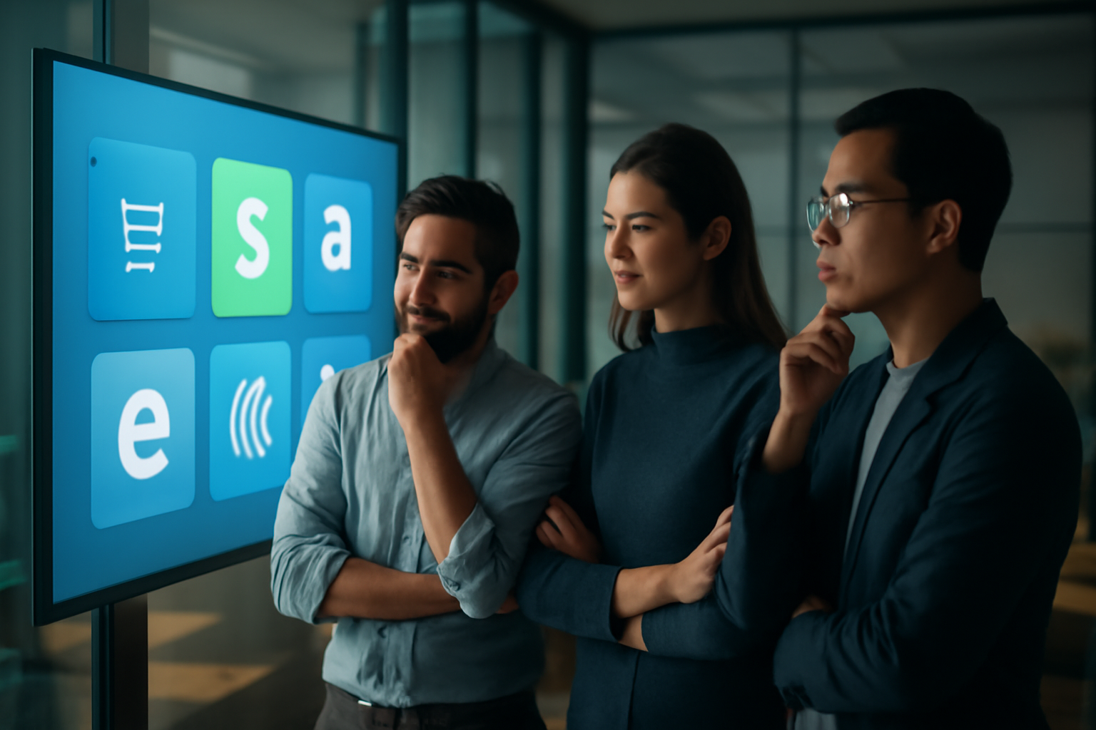 Entrepreneurs analysant différentes plateformes e-commerce sur un écran.