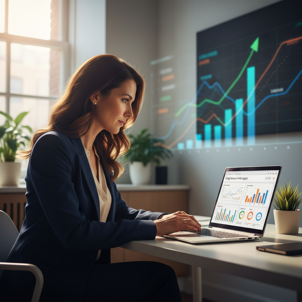 Une femme entrepreneure examine son Google Business Profile sur un ordinateur portable.