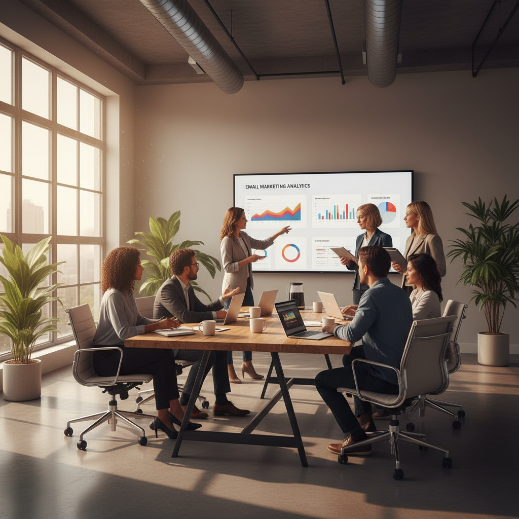 Équipe collaborative analysant des données d’email marketing en entreprise.