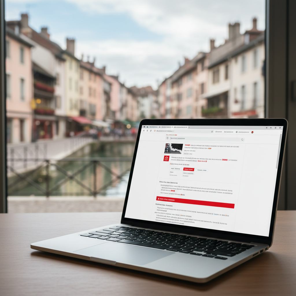 Écran d'ordinateur affichant des erreurs web avec vue d'Annecy en arrière-plan.