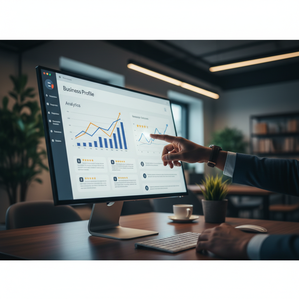Main d'un entrepreneur pointant les statistiques d'une fiche Google Business Profile.