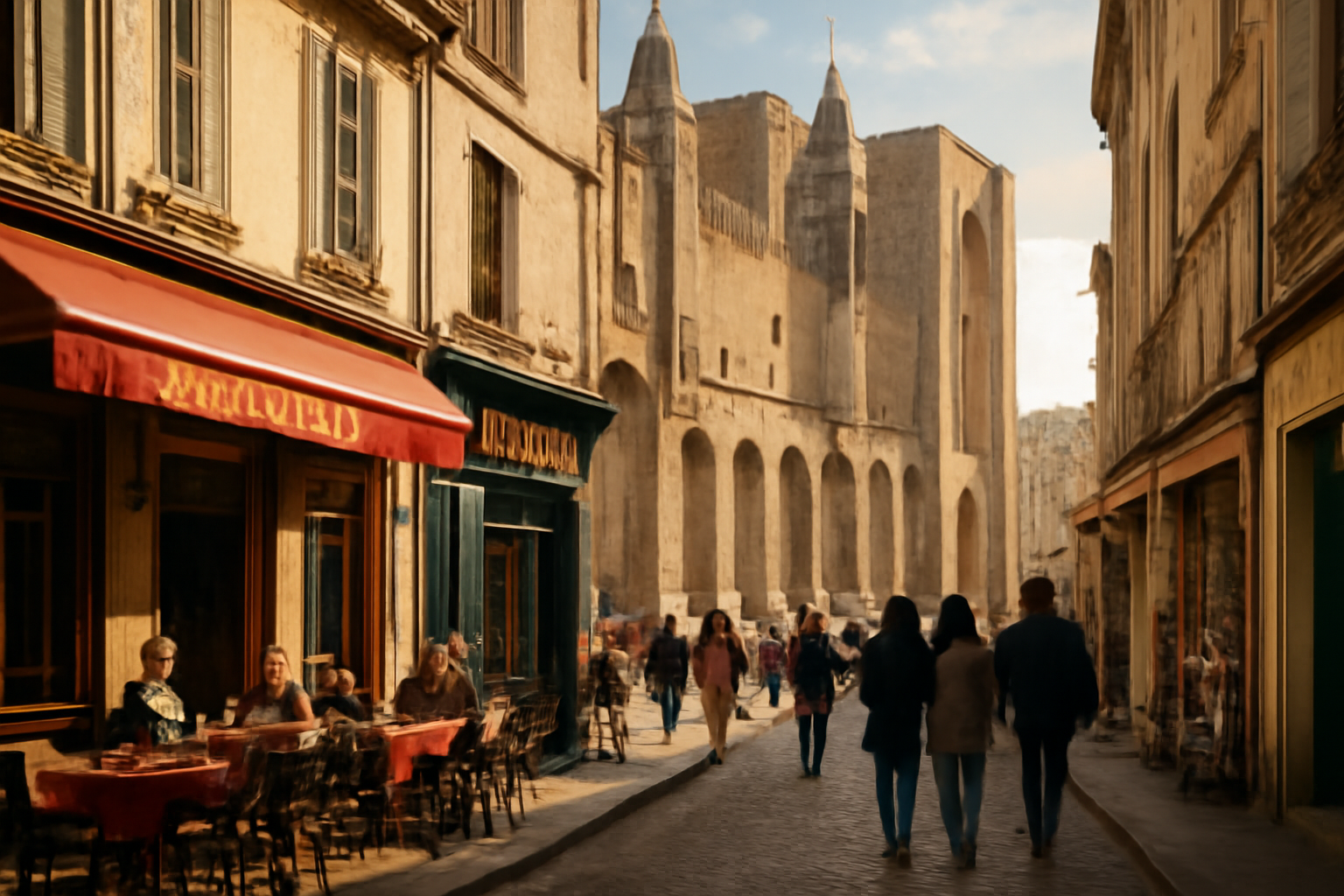 Rue animée d'Avignon avec Palais des Papes en arrière-plan.
