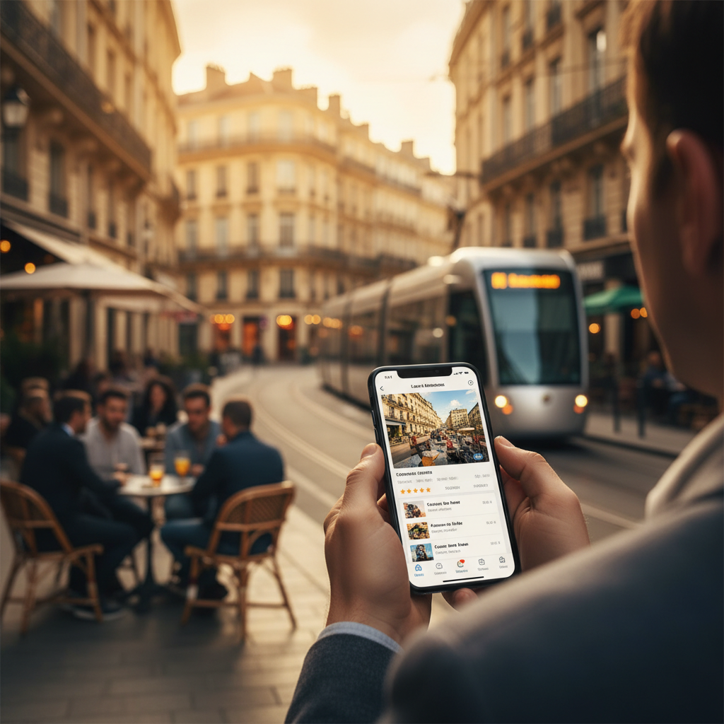 Smartphone affichant Google Business Profile avec Bordeaux en arrière-plan.