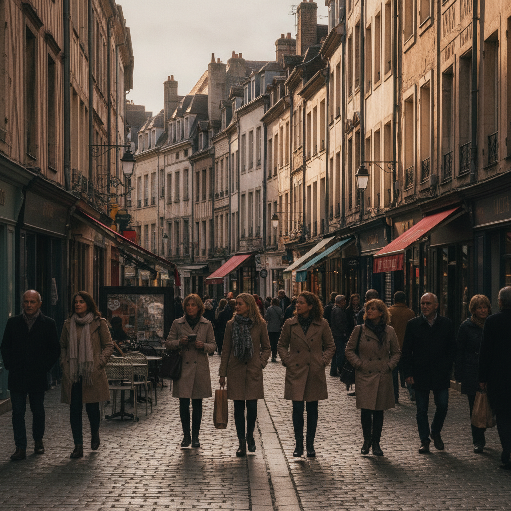 Scène de rue animée à Limoges avec devantures traditionnelles.