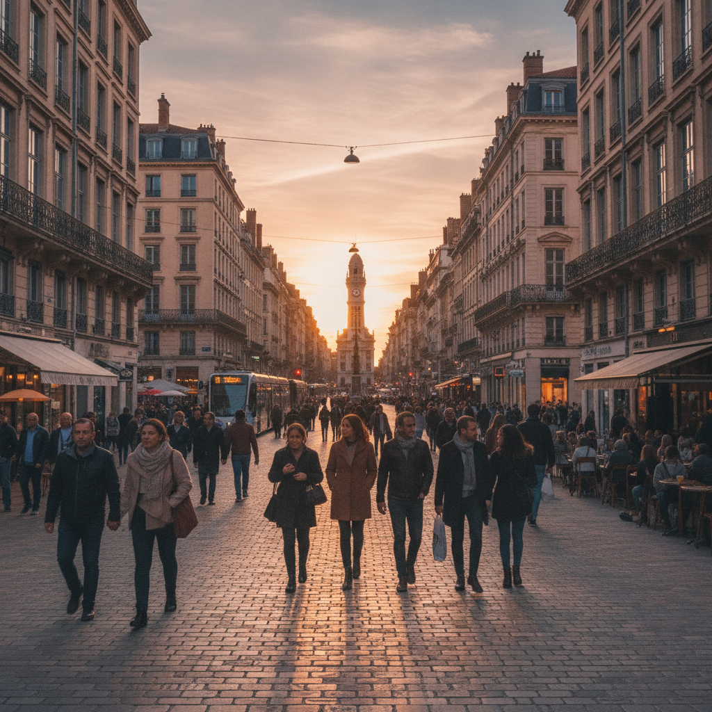 Scène de rue lyonnaise au coucher du soleil, ambiance urbaine.