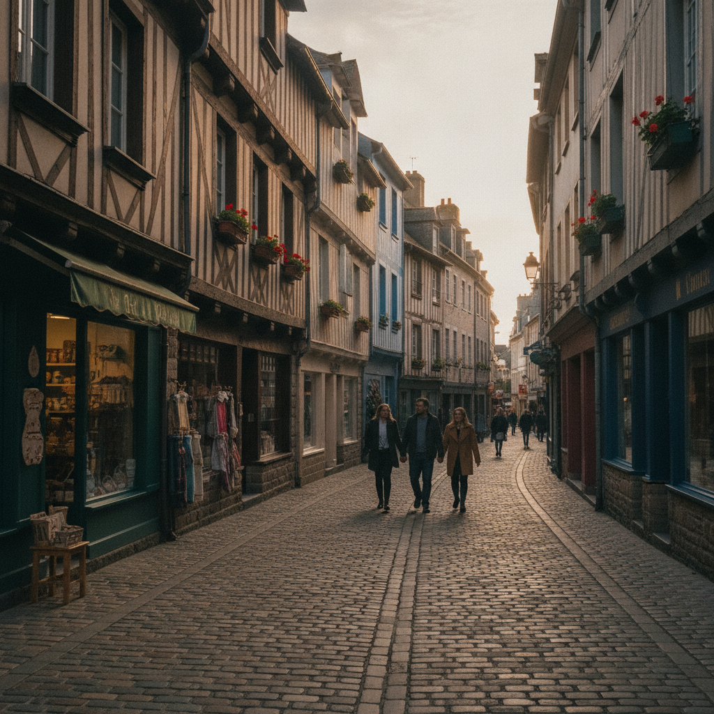 Rue pavée et maisons anciennes dans le centre-ville de Quimper.