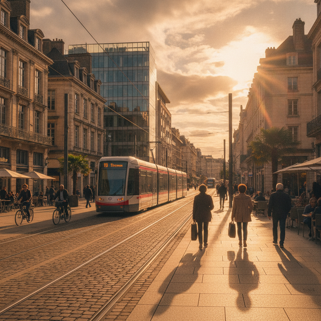 Vue dynamique d'un quartier de Rennes avec tramway et architecture.