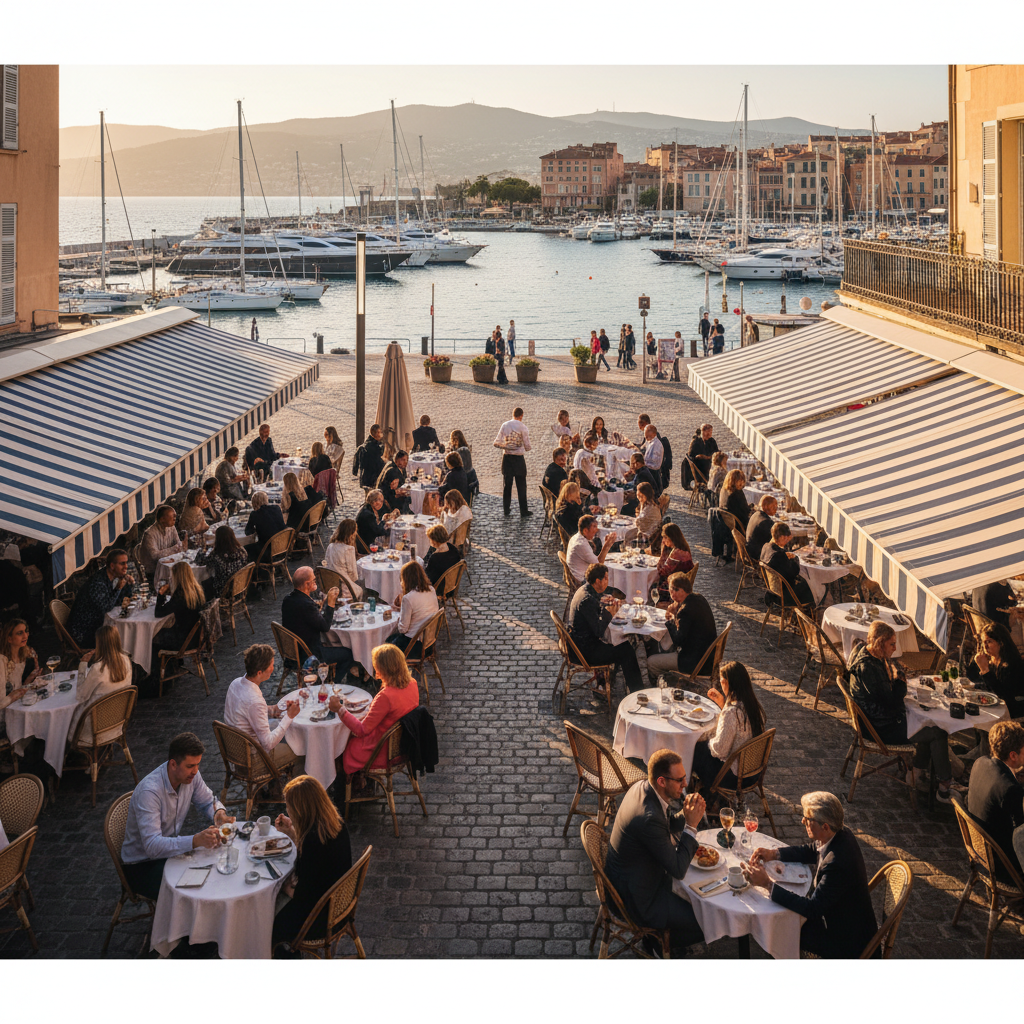 Terrasse de café animée à Toulon, bord de mer, lumière dorée.