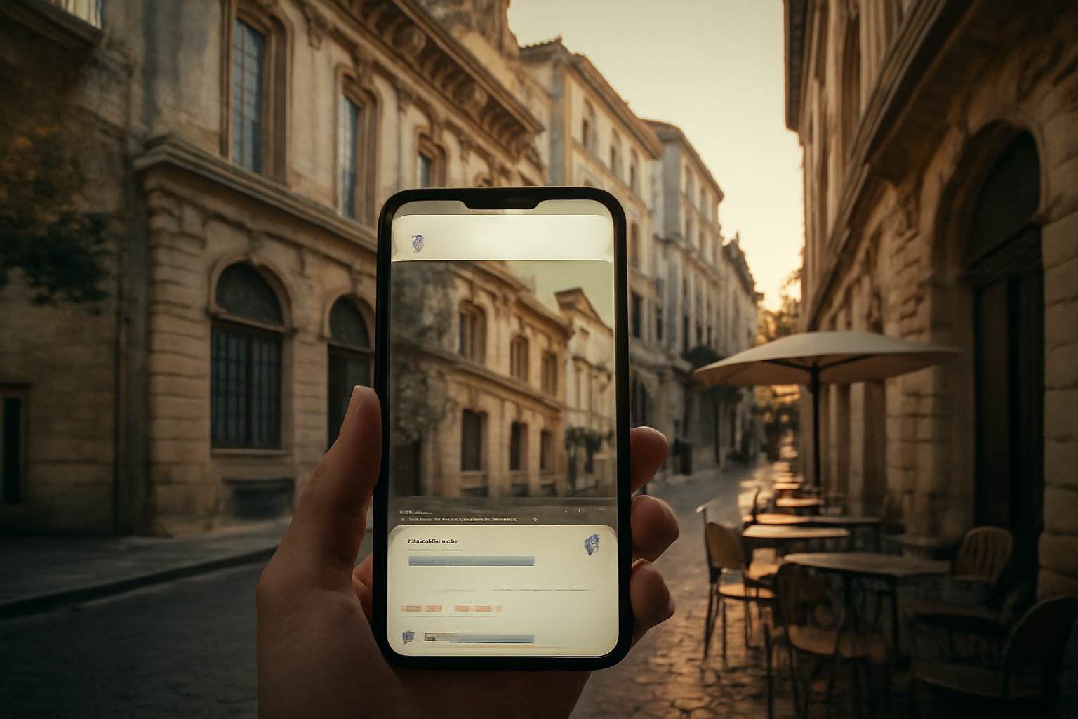 Ruelle pittoresque d'Avignon avec Google Business Profile sur smartphone.