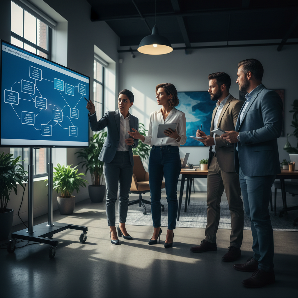 Une équipe de PME dynamique collabore autour d'une architecture web moderne.