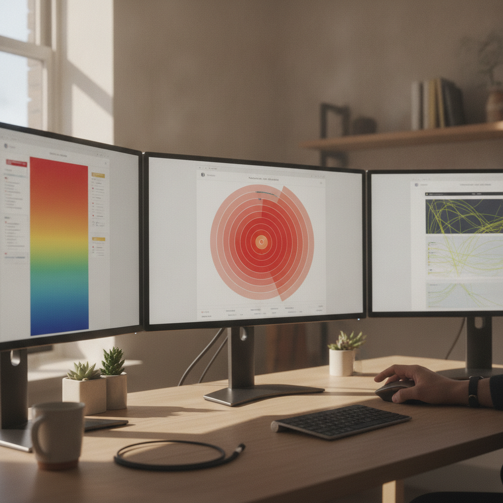 Screens d'ordinateur affichant des cartes de chaleur sur un bureau moderne.
