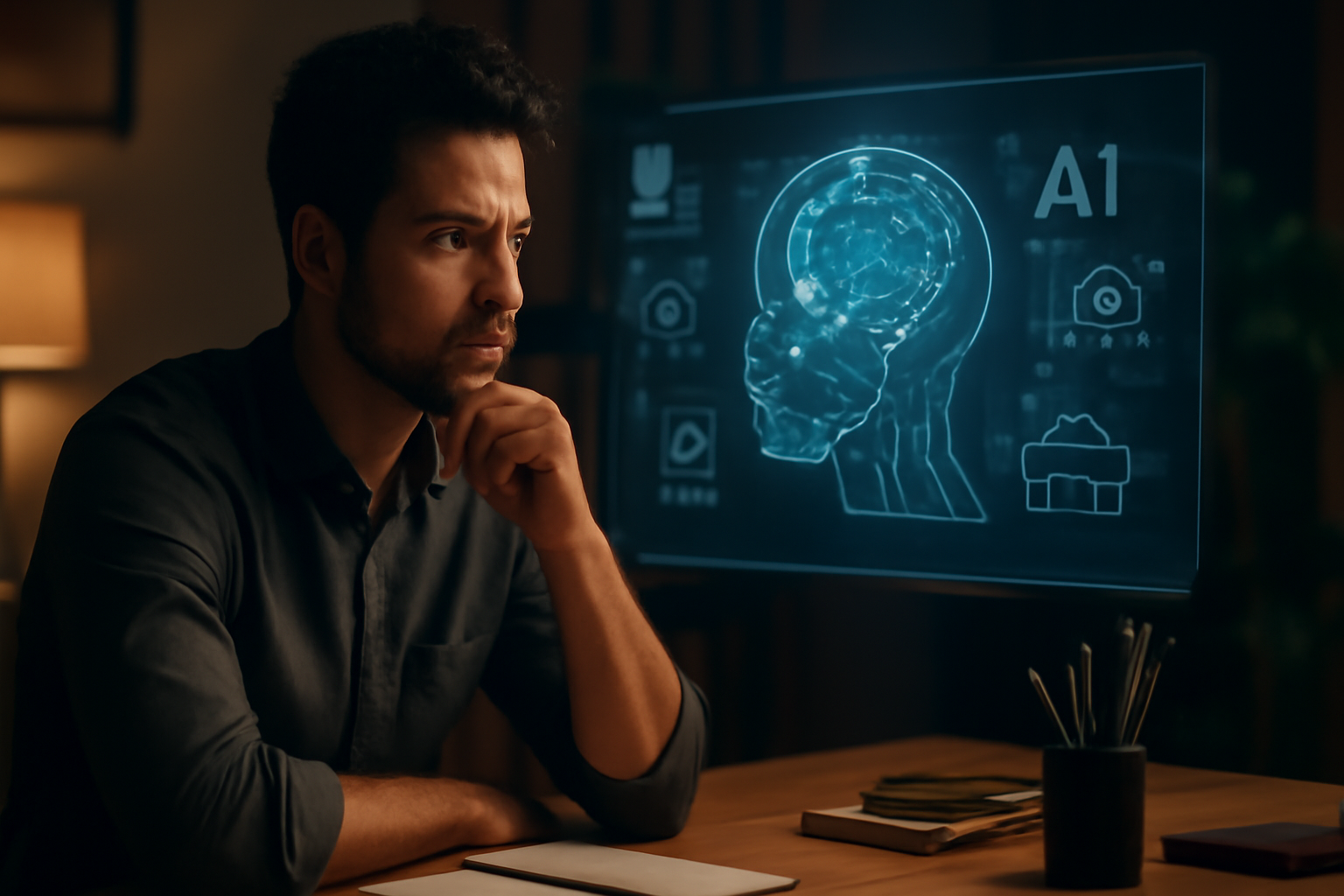 Une femme entrepreneure examine des concepts d'IA générative sur un écran holographique.