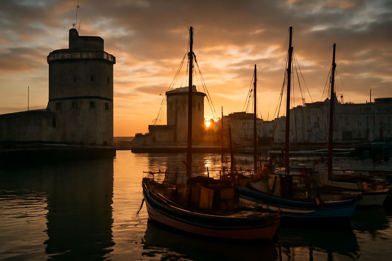 Vieux Port de La Rochelle au coucher du soleil, ambiance balnéaire.