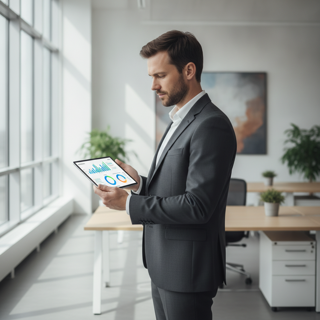 Personne analysant des données de performance de landing page sur tablette.
