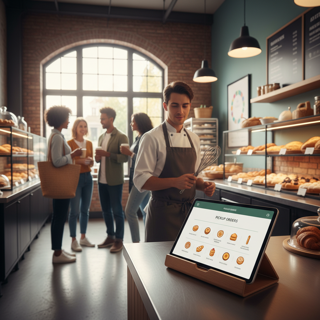 Une pâtisserie moderne avec un chef consultant une tablette affichant un portail de commande.