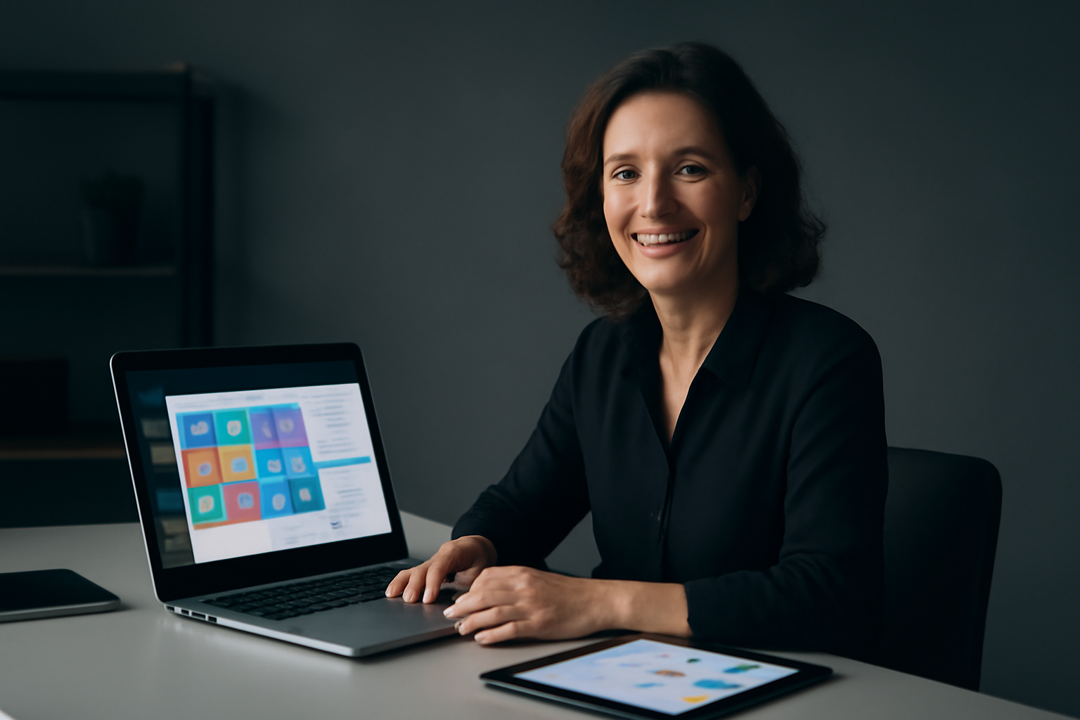 Une entrepreneuse souriante utilise une application No-Code sur son ordinateur portable.