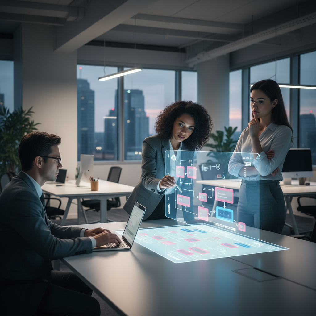 Professionnels collaborant sur une interface de développement No-Code en entreprise.