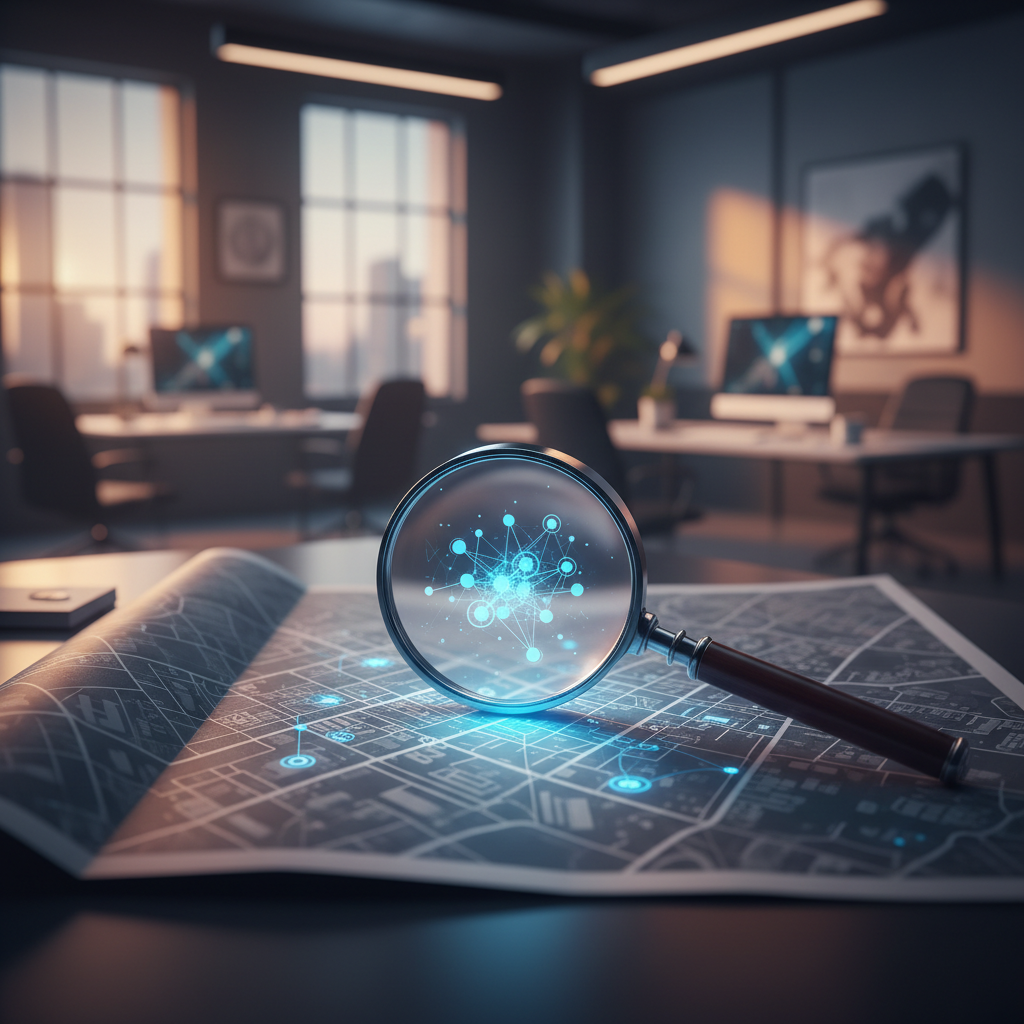 Une loupe sur une carte de ville symbolisant le ciblage local de leads.