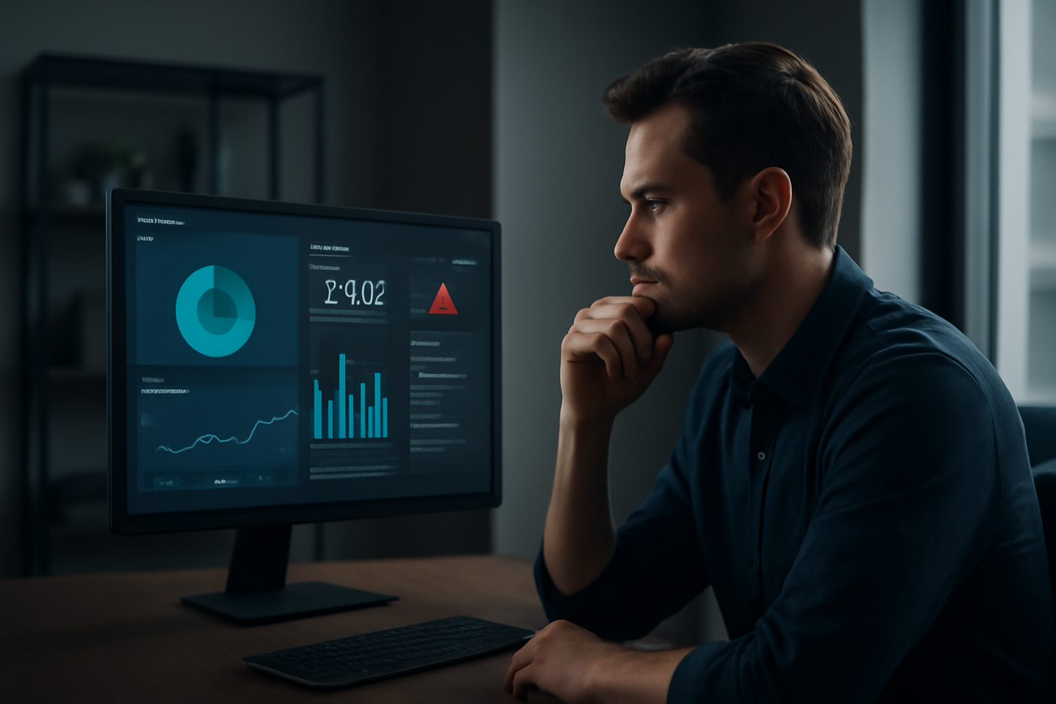 Chef d'entreprise analysant des données web sur un écran d'ordinateur.