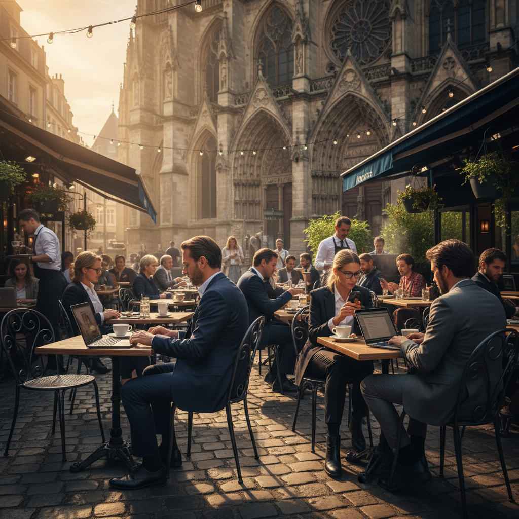 Terrasse de café au cœur de Metz, personnes utilisant des appareils.