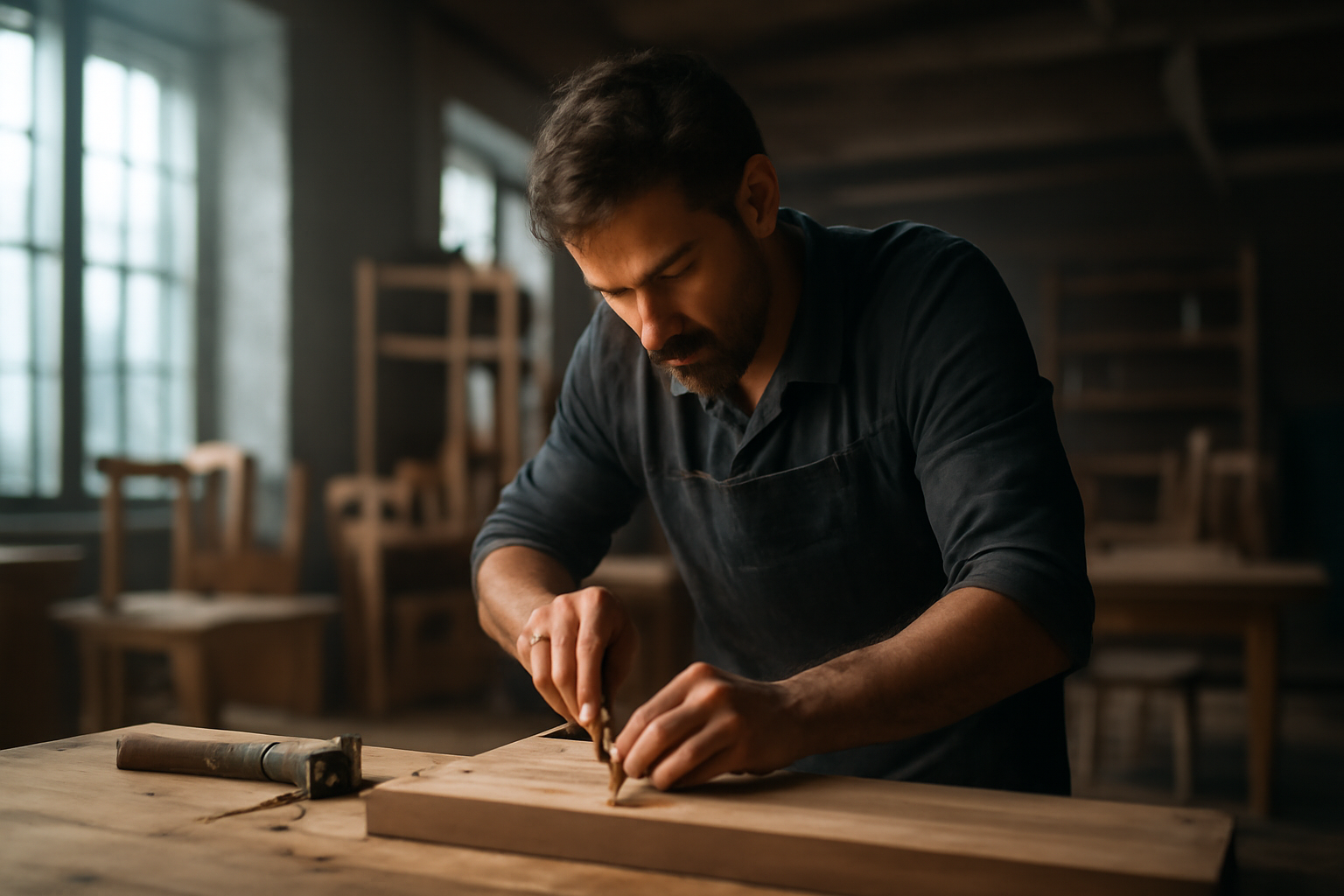 Artisan menuisier travaillant le bois, atelier moderne et lumineux, focus outils.