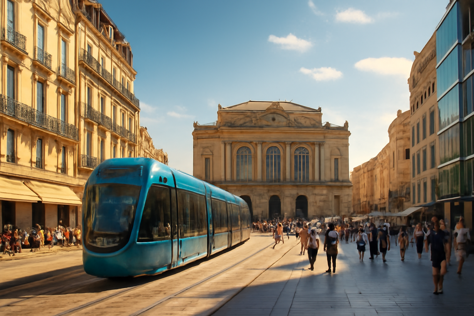 Vue dynamique de Montpellier avec architecture historique et moderne.