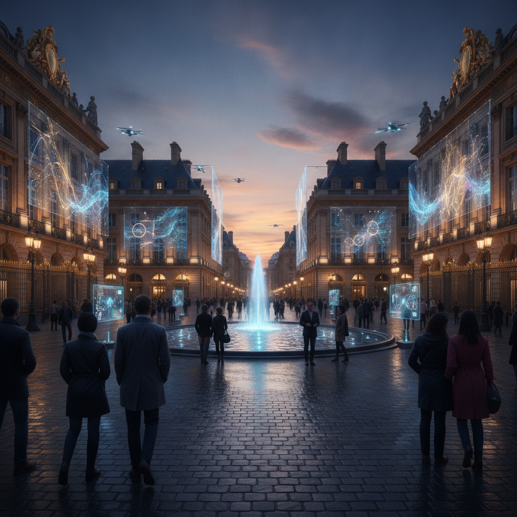 Place Stanislas Nancy animée au crépuscule, touches numériques.