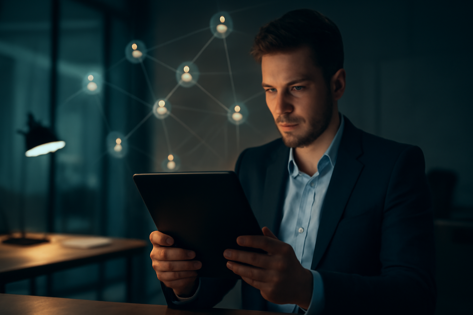 Entrepreneur consulte newsletter avec réseau lumineux, ambiance professionnelle.