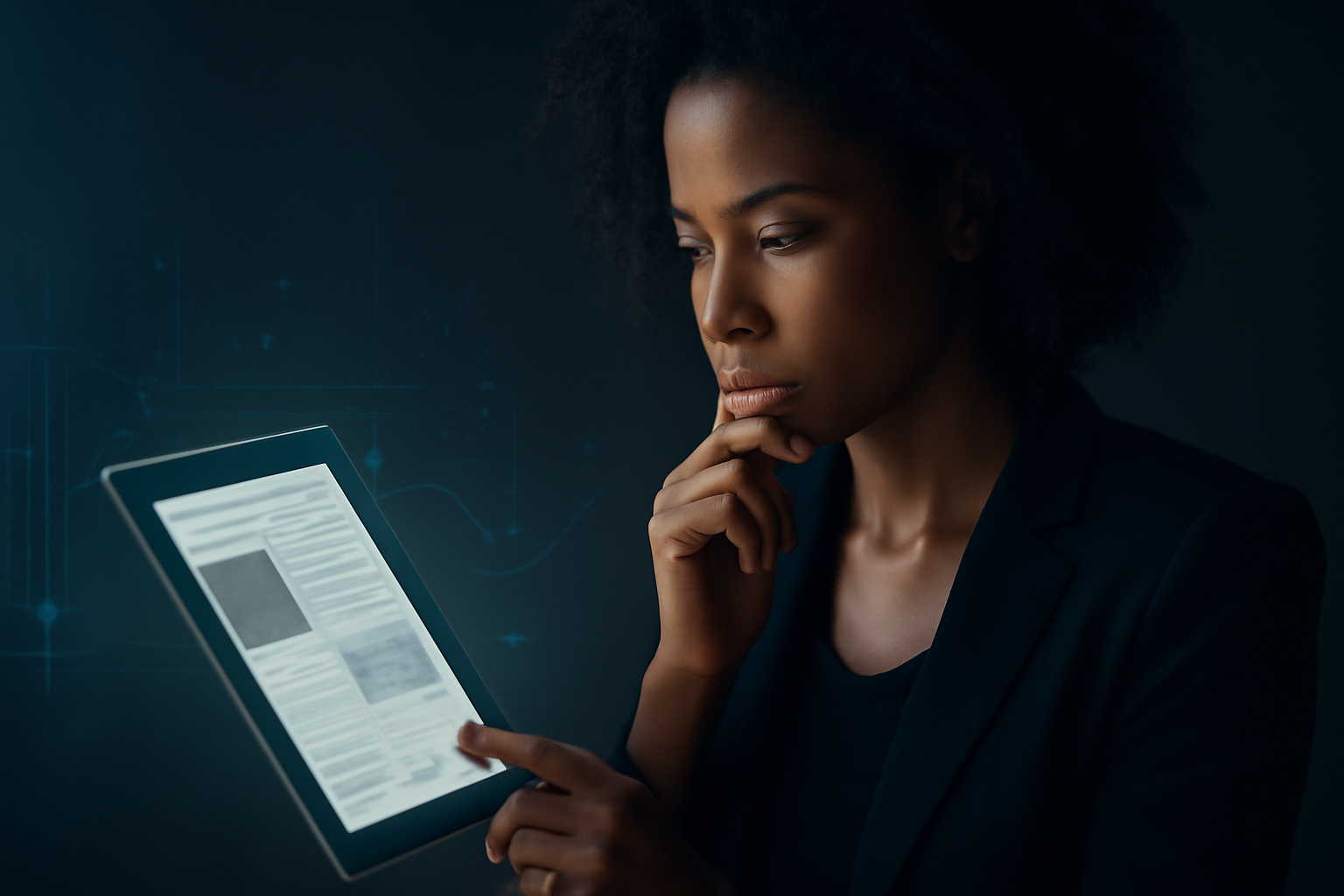 Personne regardant une newsletter sur tablette avec éléments numériques.