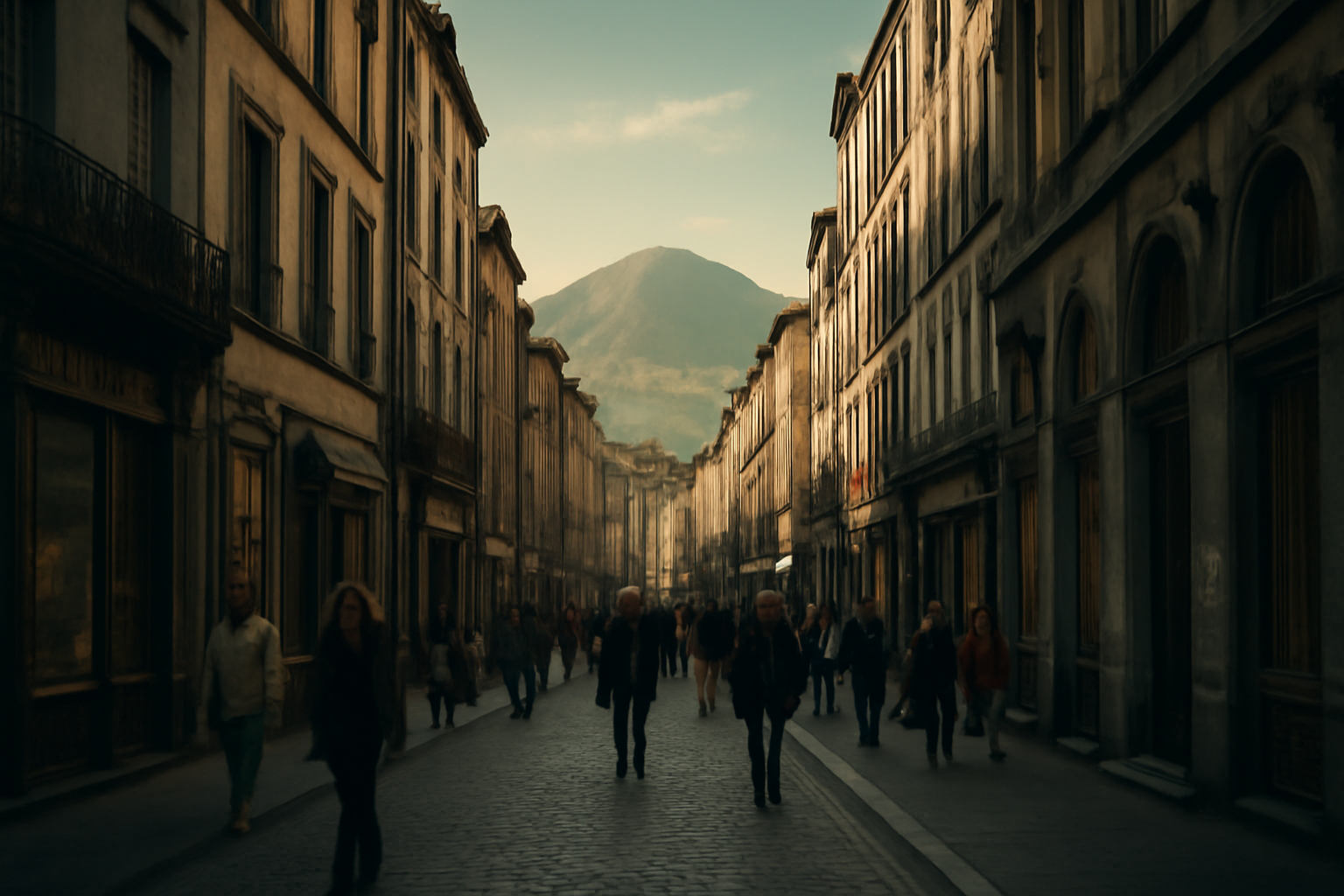Ruelle animée à Clermont-Ferrand avec vue sur les volcans d'Auvergne.