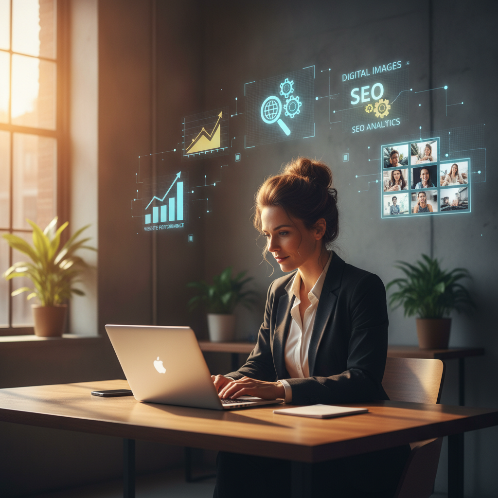 Entrepreneur travaillant sur un ordinateur portable avec des graphiques d'optimisation web en surimpression.