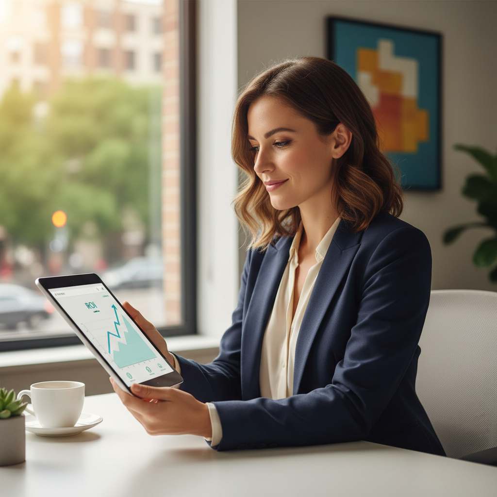 Une entrepreneuse consulte les analyses d'une fiche Google, visualisant une augmentation du ROI.