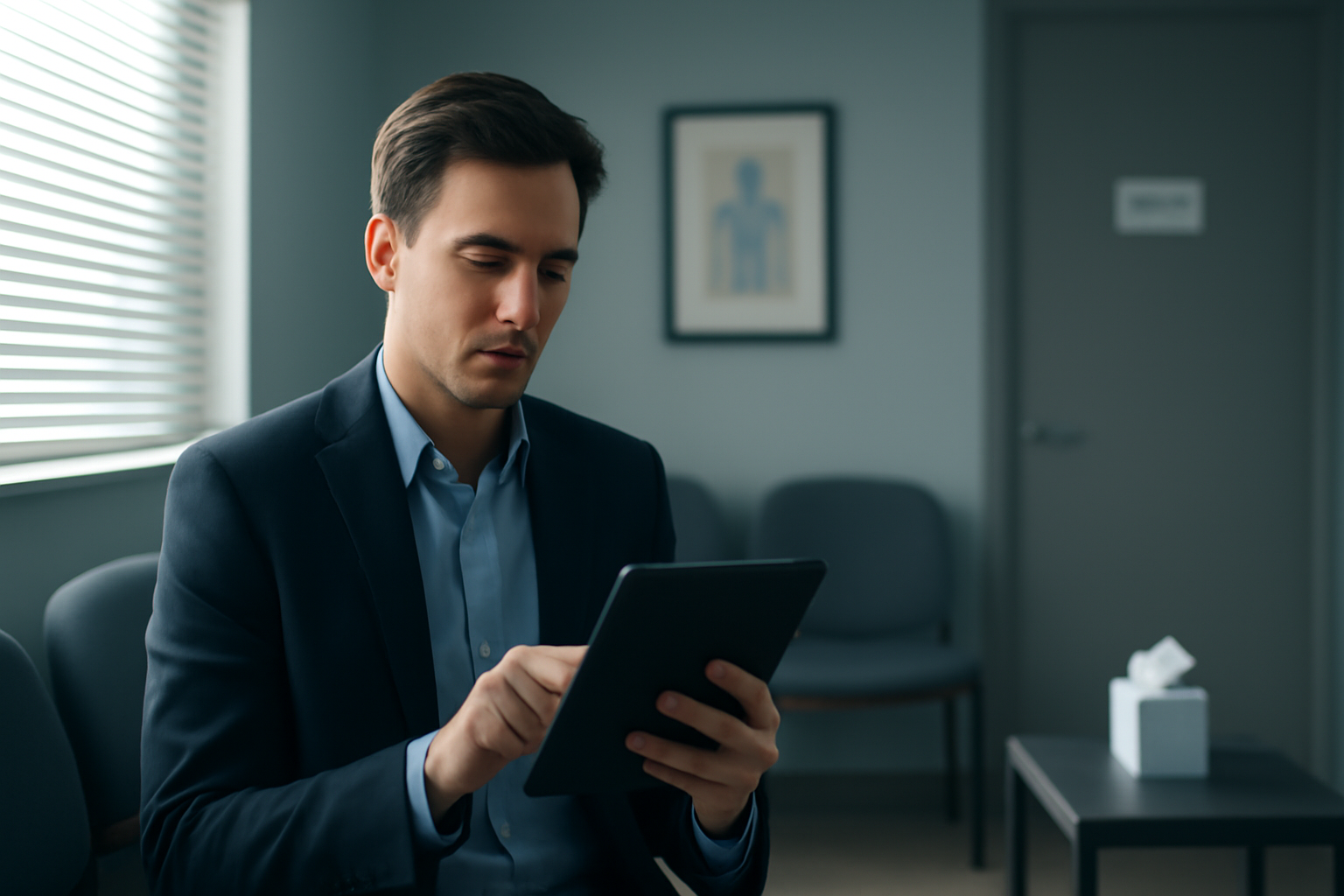 Personne réservant un rendez-vous médical en ligne sur tablette.