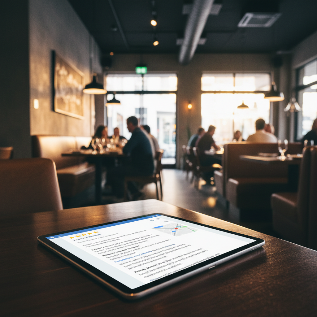 Intérieur de restaurant moderne avec tablette affichant une fiche Google optimisée.