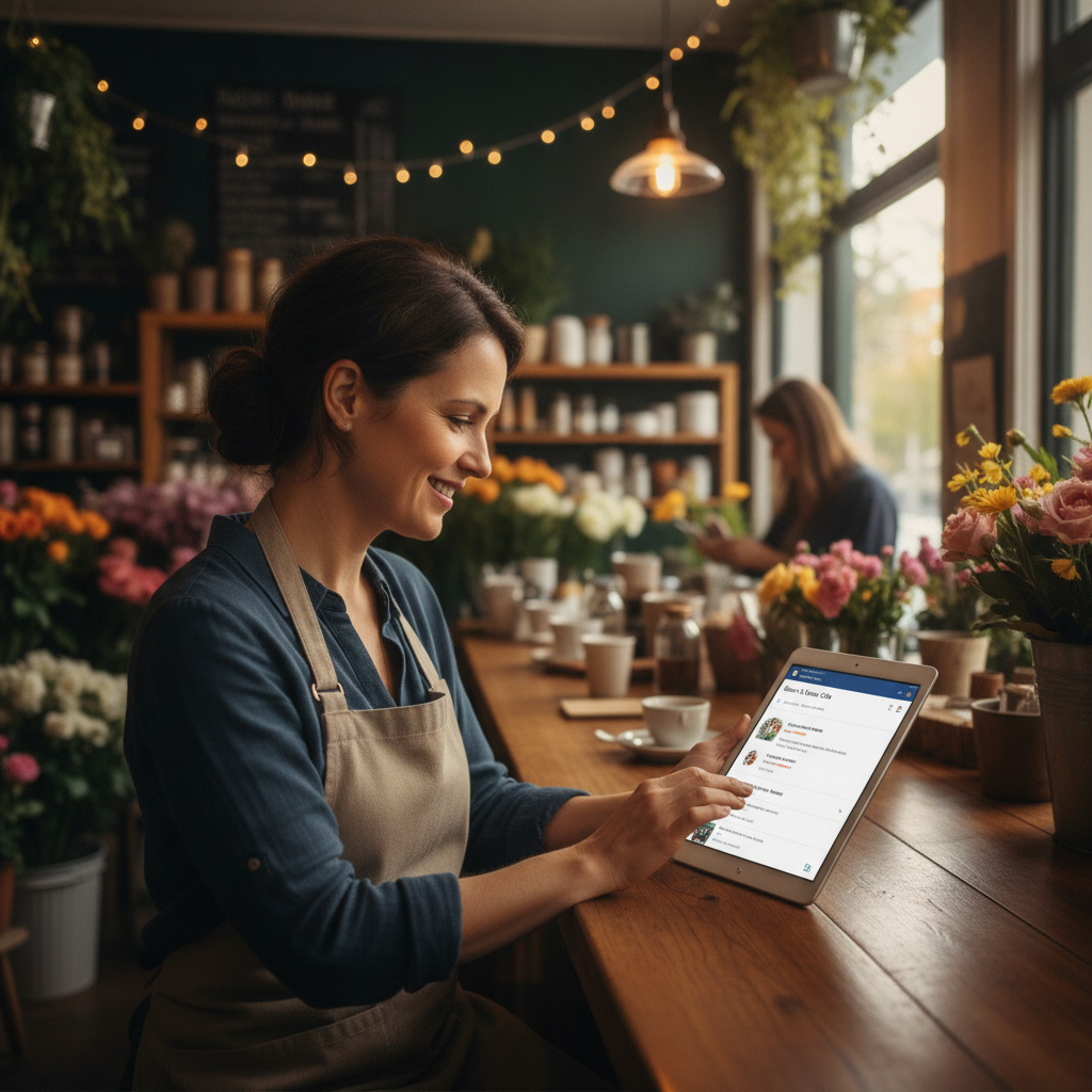Une entrepreneuse gérant sa fiche Google My Business sur une tablette.