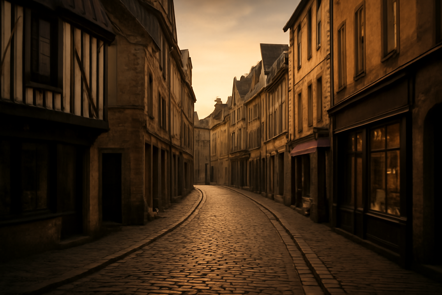 Ruelle pavée à Quimper, architecture traditionnelle, boutiques locales.