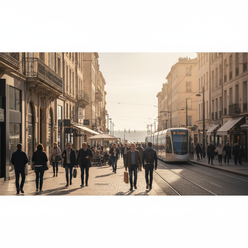 Ruelle animée de Toulon avec bâtiments historiques et mer méditerranéenne en fond.