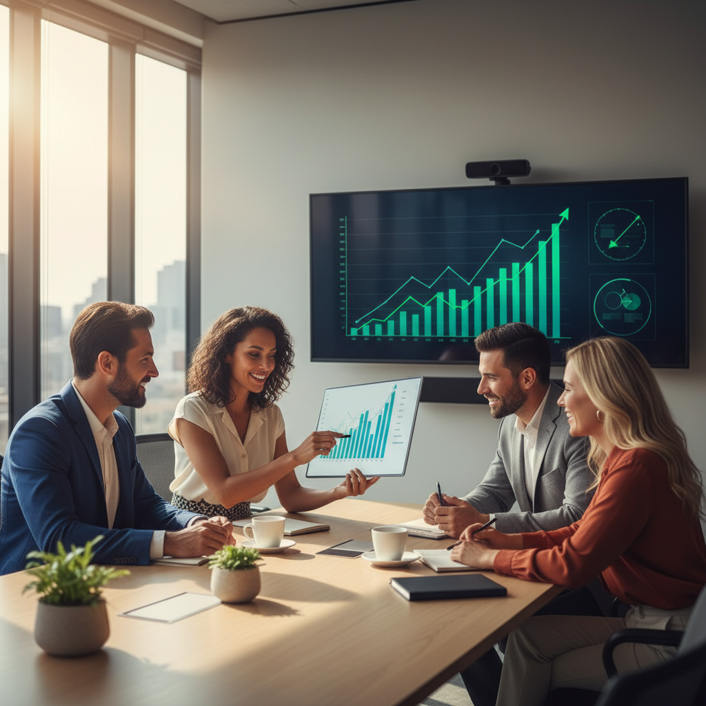 Une équipe de professionnels analysant des données de croissance et des graphiques positifs.