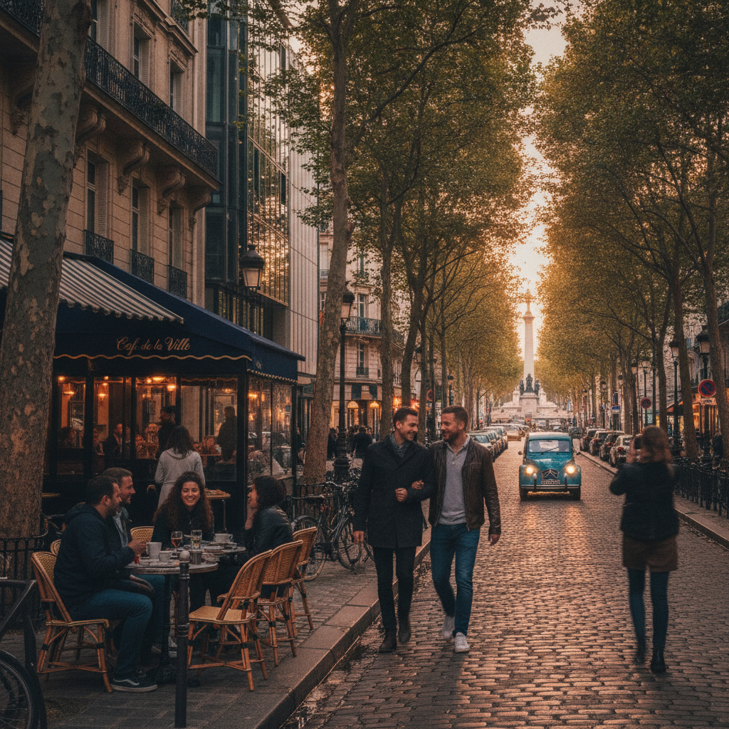 Scène photoréaliste de rue parisienne animée, ambiance urbaine.