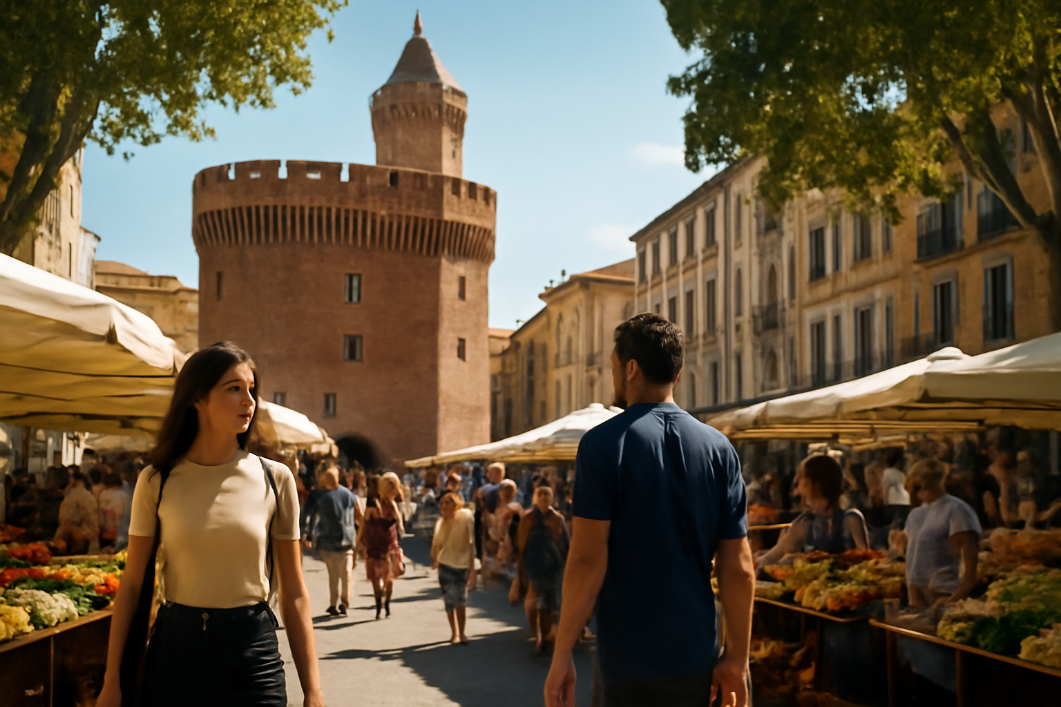 Scène de vie animée place du Castillet à Perpignan sous le soleil.