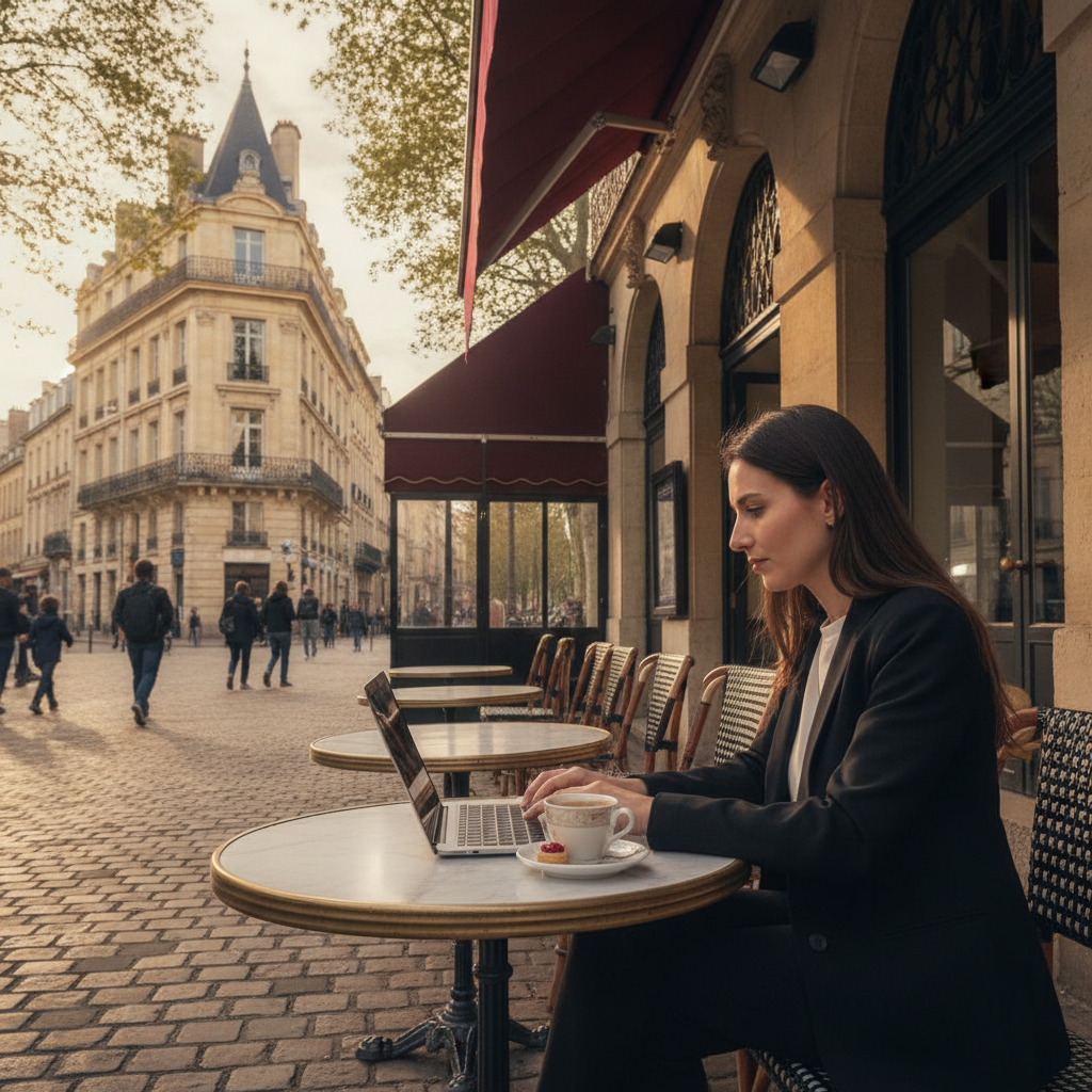 Professionnel travaillant sur ordinateur dans un café élégant à Bordeaux.