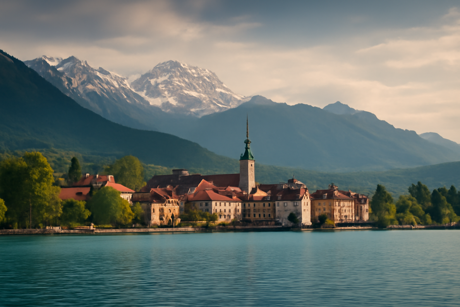 Paysage lacustre d’Annecy avec village savoyard et montagnes