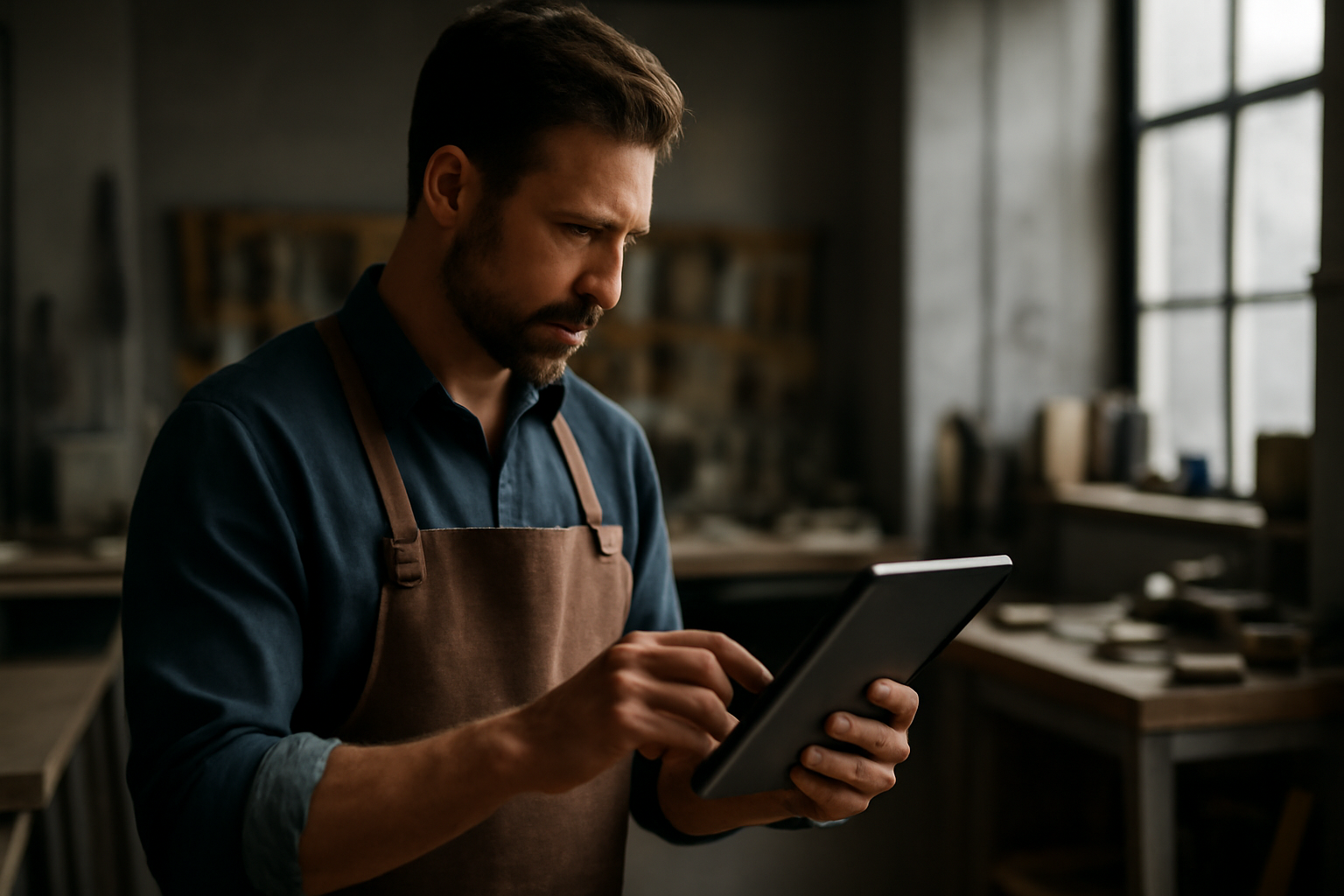 Un artisan consulte sa PWA sur une tablette dans son atelier moderne.