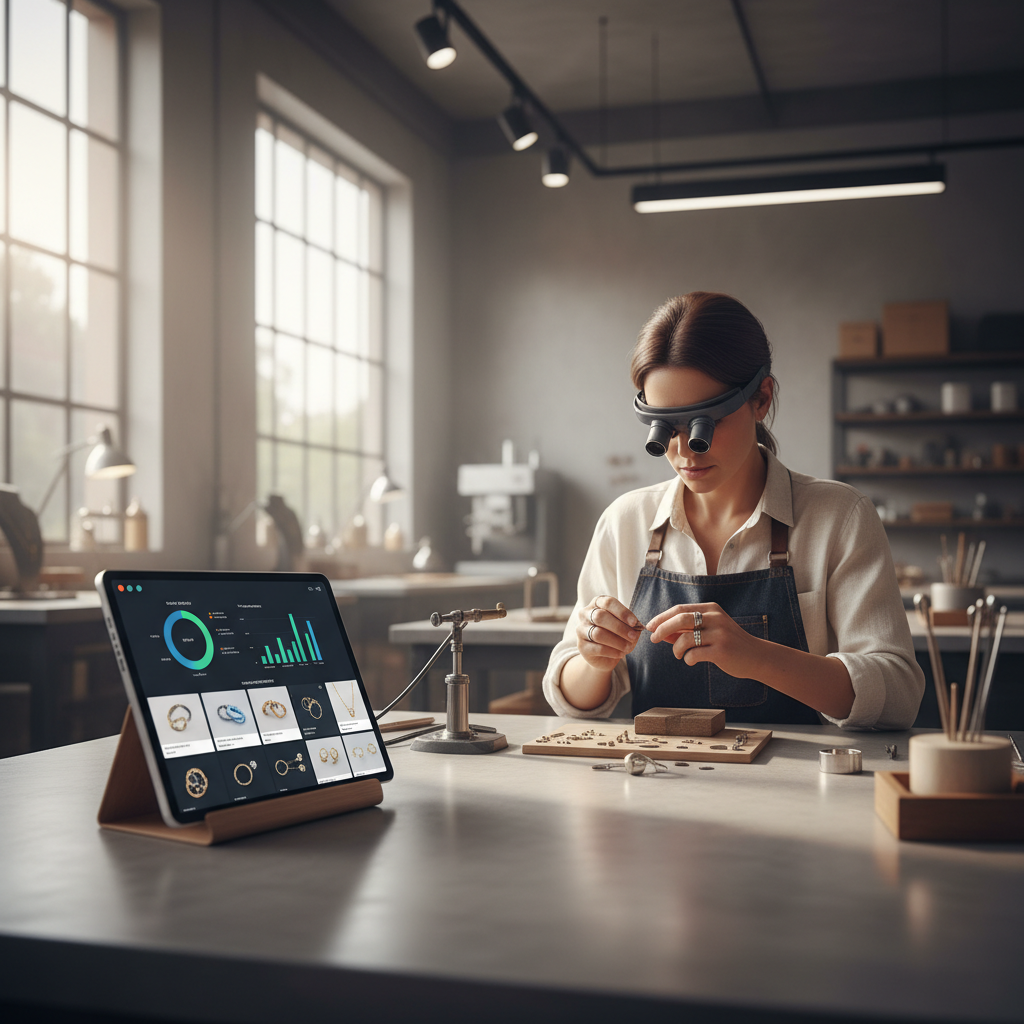 Un artisan concentré travaillant, une tablette affichant une PWA en premier plan.