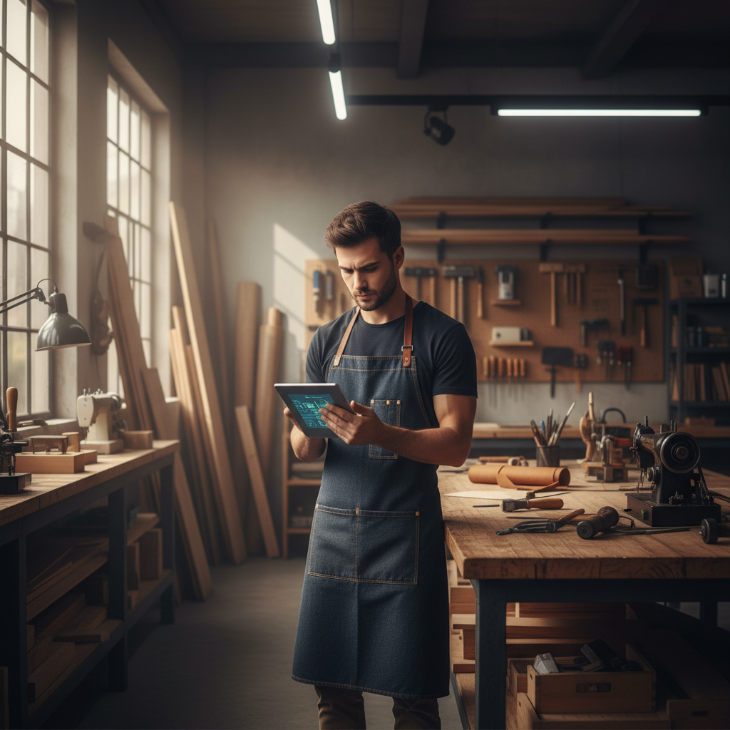 Artisan moderne analysant des données business sur une tablette en atelier.