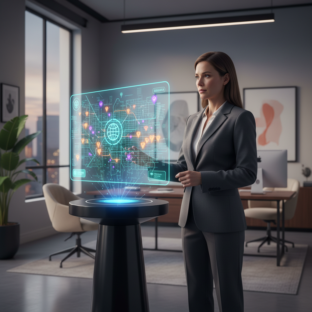 Entrepreneur visualisant des données de référencement local sur une carte holographique.
